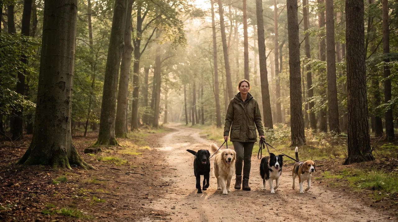 Uitlaatster met vier honden aan de lijn op een bospad in warm ochtendlicht